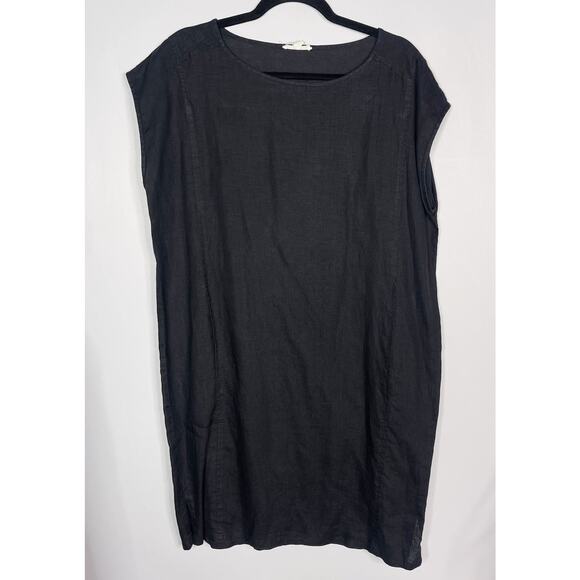 Eileen Fisher Small S Black Organic Linen Short Sleeve Boxy Fit Oversized Dress - Picture 1 of 8